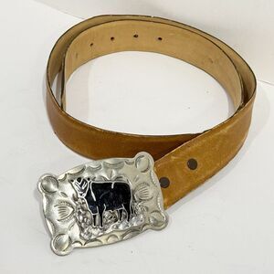 Vintage Firenze Leather Belt 36 Removable Nickel Silver Cow Buckle Argentina